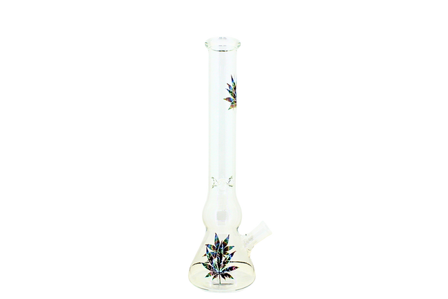 Large Clear Glass Beaker Base Waterpipe with Leaf Print (13036)